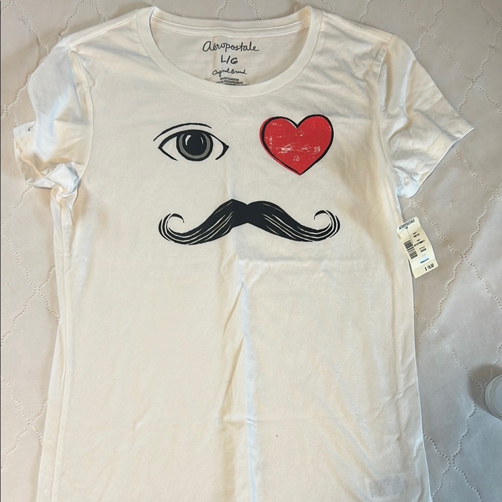 Aeropostale White Graphic Tee with Mustache and Heart